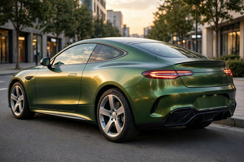Chrome Venom Green PET vinyl wrap film on a car, rear three-quarter view