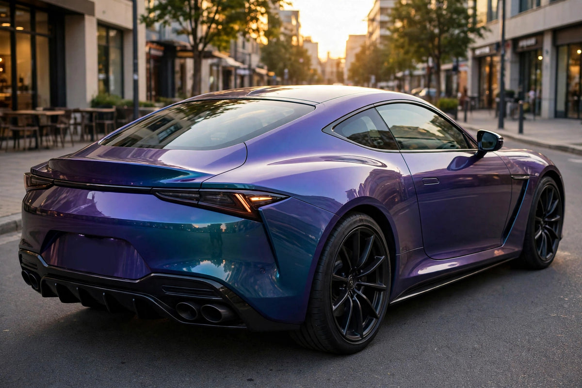Super Gloss Indigo Bunting PET vinyl wrap film on a car, rear three-quarter view