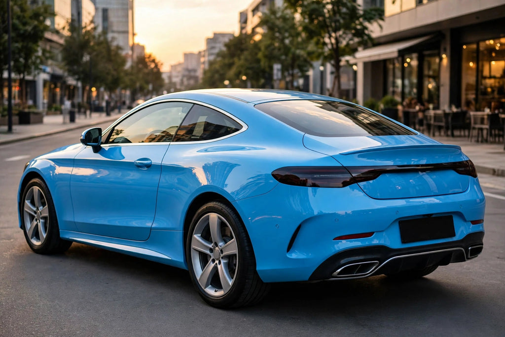 Super Gloss Sly Blue PET vinyl wrap film on a car, rear three-quarter view