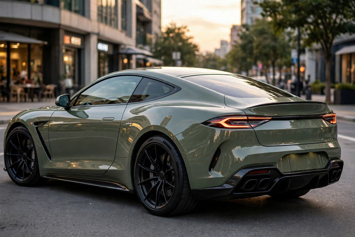 Super Gloss Army Green PET vinyl wrap film on a car, rear three-quarter view