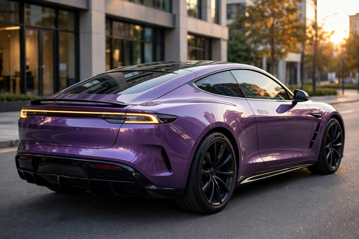 Super Gloss Radiant Purple PET vinyl wrap film on a car, rear three-quarter view