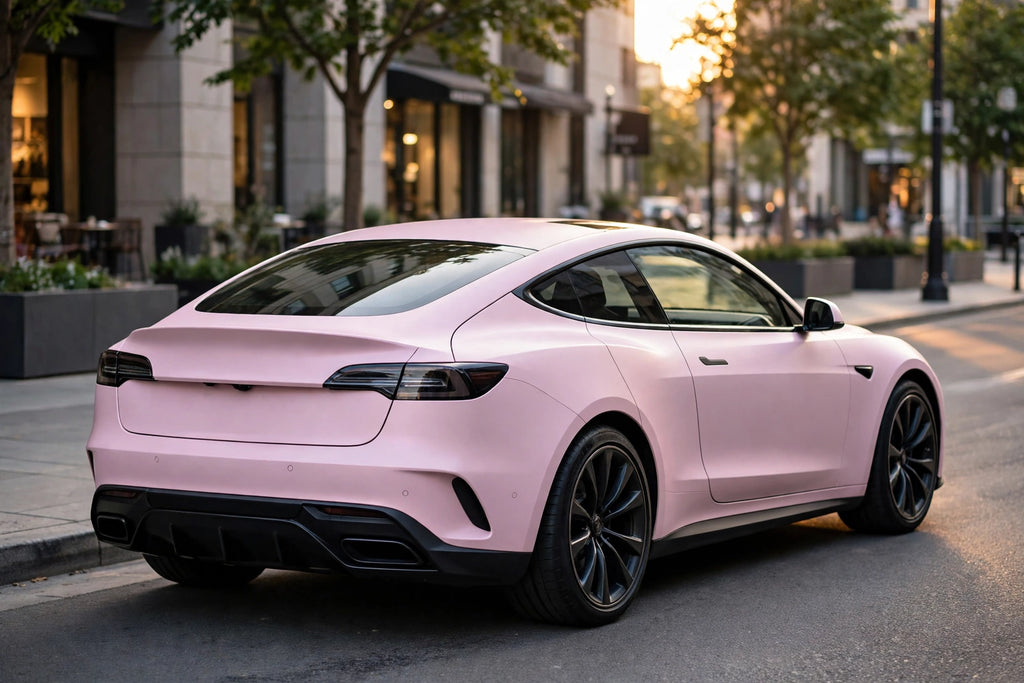 Matte California Sunset PET vinyl wrap film on a car, rear three-quarter view