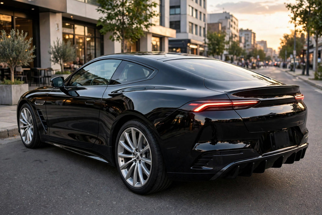 Super Gloss Pure Black PET vinyl wrap film on a car, rear three-quarter view