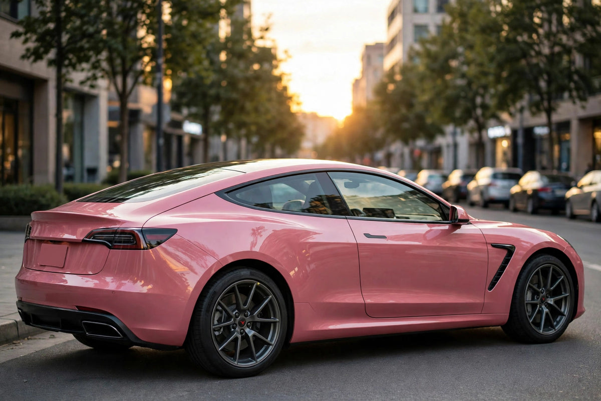 Super Gloss Ume Pink PET vinyl wrap film on a car, rear three-quarter view