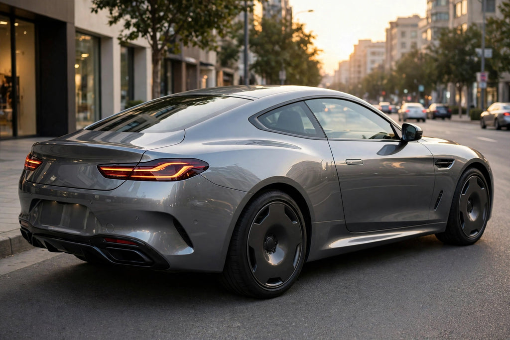 Super Gloss Mercury Gray PET vinyl wrap film on a car, rear three-quarter view