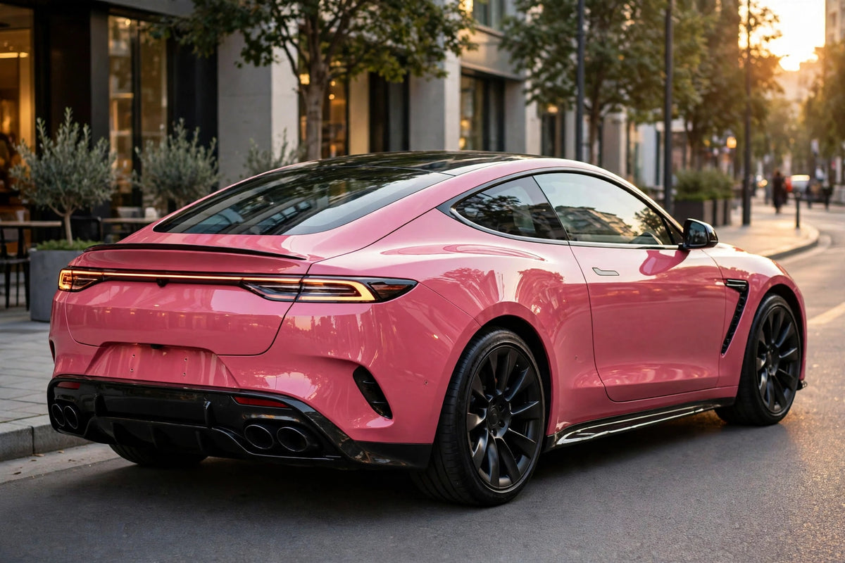 Super Gloss Morganite Red PET vinyl wrap film on a car, rear three-quarter view