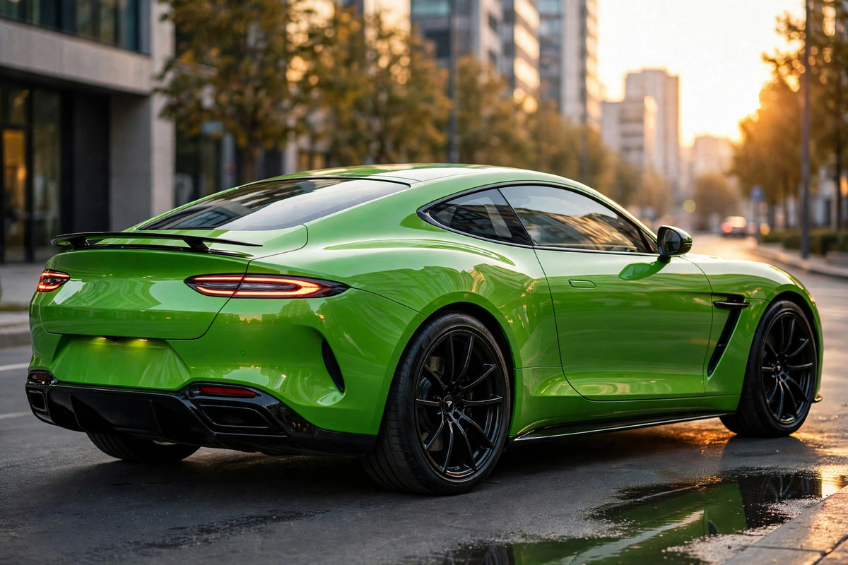 Super Gloss Apple Green PET vinyl wrap film on a car, rear three-quarter view