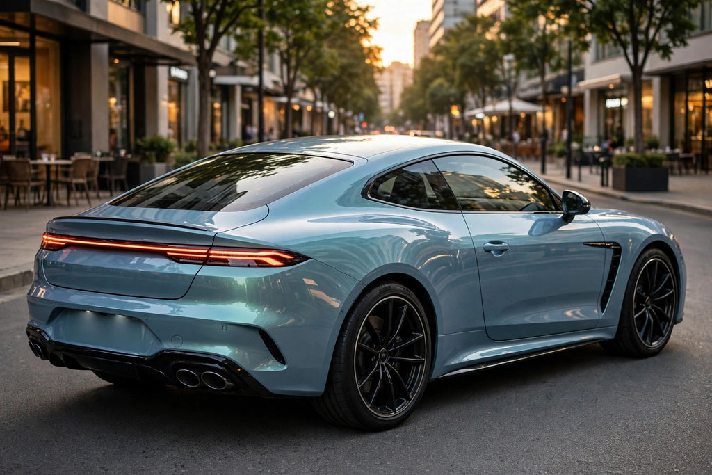 Super Gloss Blue Green PET vinyl wrap film on a car, rear three-quarter view