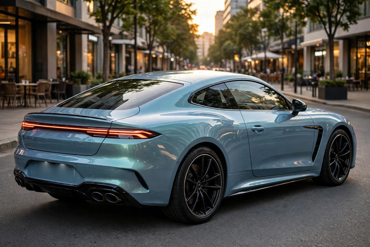 Super Gloss Blue Green PET vinyl wrap film on a car, rear three-quarter view