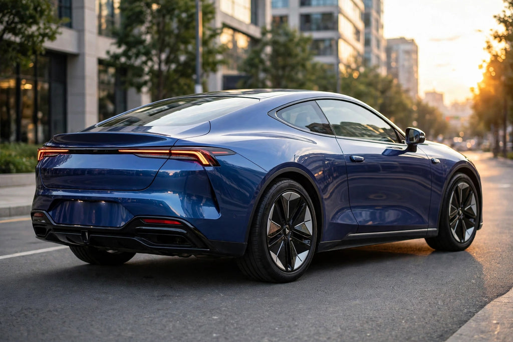Super Gloss Galaxy Blue Metallic PET vinyl wrap film on a car, rear three-quarter view