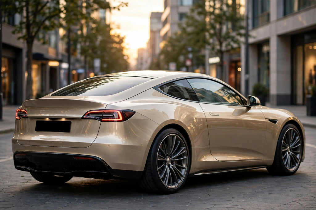 Super Gloss Champagne Gold Metallic(Light) () PET vinyl wrap film on a car, rear three-quarter view