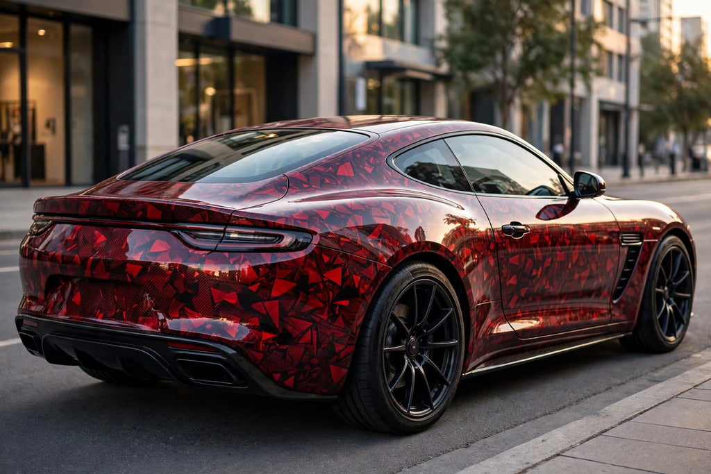 Red Forged Carbon Fiber PET vinyl wrap film on a car, rear three-quarter view