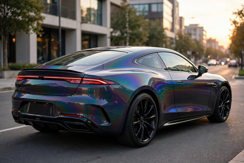 Super Gloss Iridescent Psychedelic Black PET vinyl wrap film on a car, rear three-quarter view