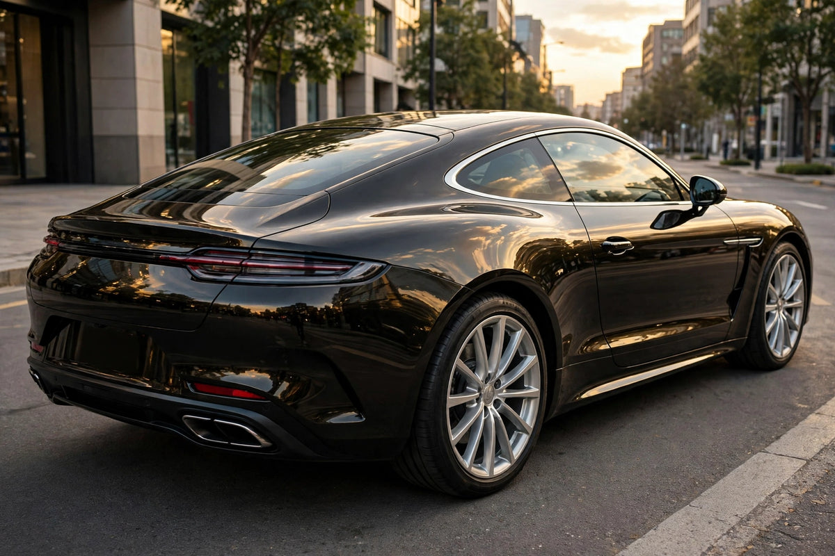 Super Gloss Black Gold Metallic PET vinyl wrap film on a car, rear three-quarter view