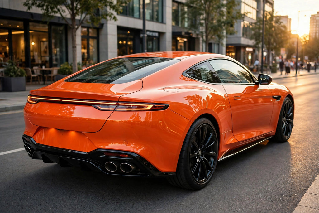 Super Gloss Hermes Orange PET vinyl wrap film on a car, rear three-quarter view