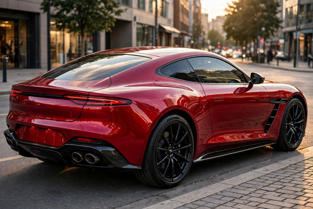 Super Gloss Liquid Ruby Red PET vinyl wrap film on a car, rear three-quarter view