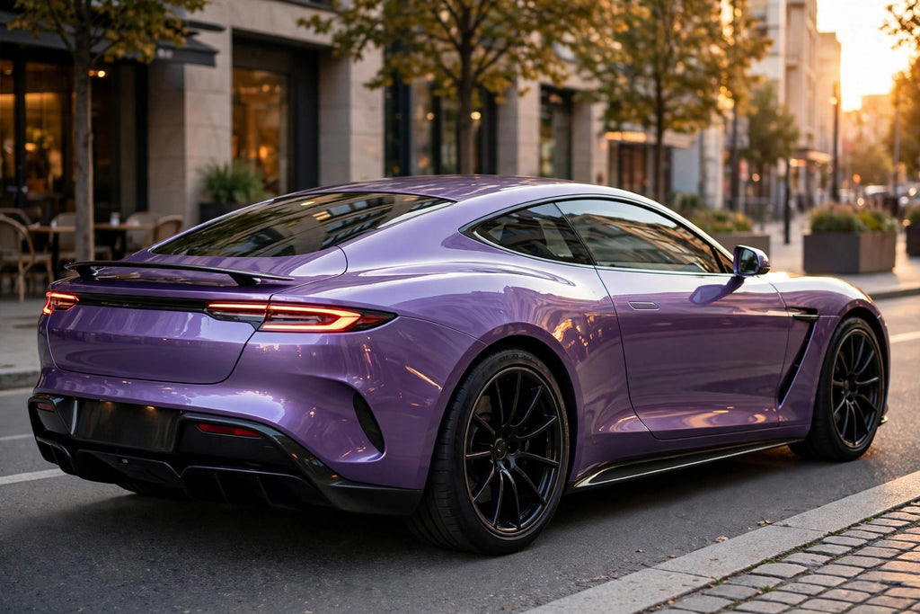 Super Gloss Midsummer Violet PET vinyl wrap film on a car, rear three-quarter view