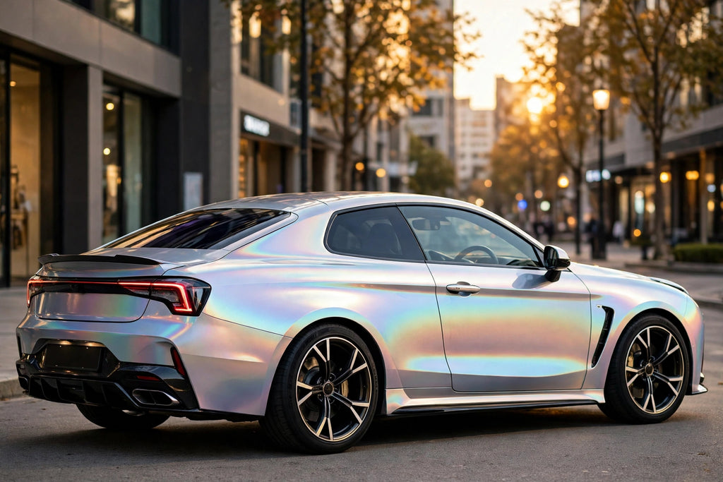 Super Gloss Iridescent Psychedelic Sliver PET vinyl wrap film on a car, rear three-quarter view