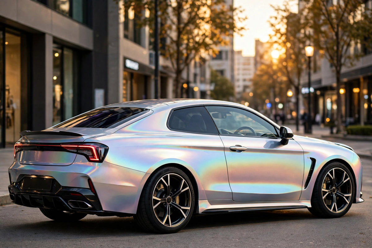 Super Gloss Iridescent Psychedelic Sliver PET vinyl wrap film on a car, rear three-quarter view