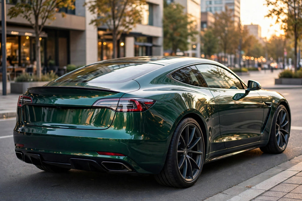 Super Gloss Metallic Dark Jade Green PET vinyl wrap film on a car, rear three-quarter view
