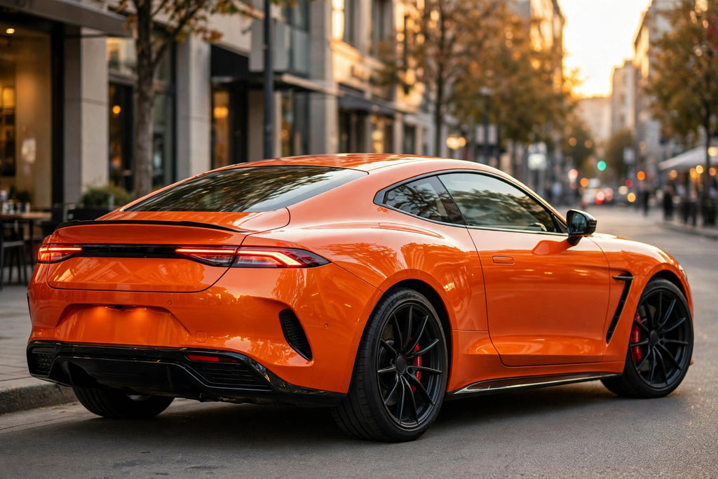 Super Gloss Racing Orange PET vinyl wrap film on a car, rear three-quarter view
