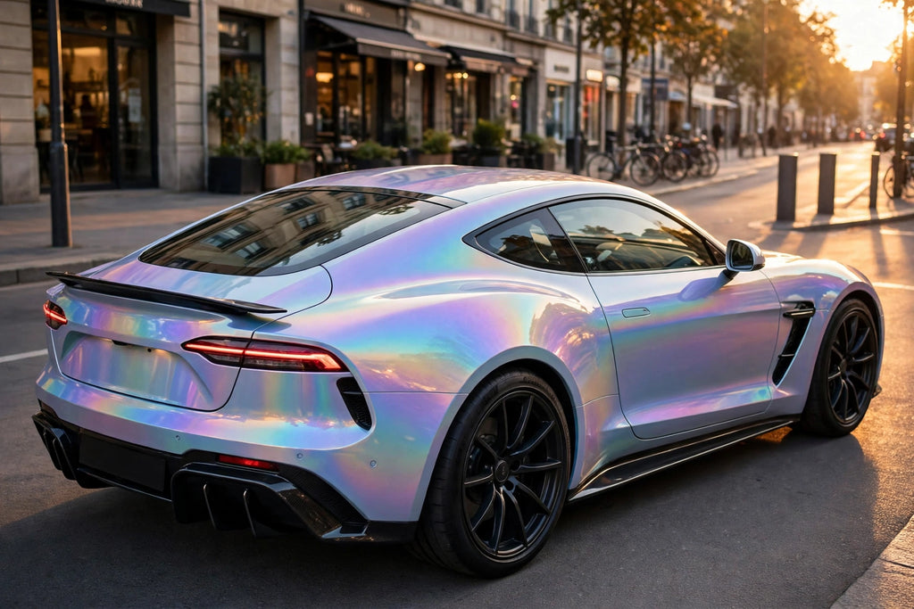Super Gloss Iridescent Psychedelic Powder Blue PET vinyl wrap film on a car, rear three-quarter view