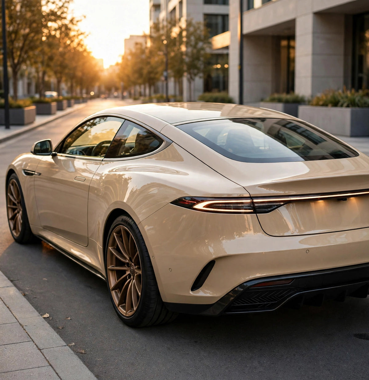 Super Gloss Desert Sand(Light) () PET vinyl wrap film on a car, rear three-quarter view