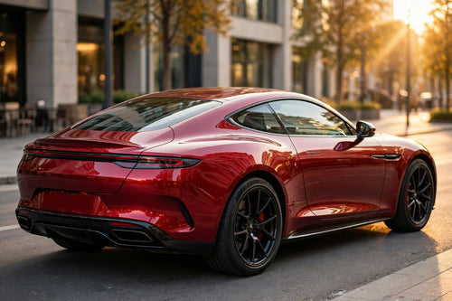 Chrome Romani Red PET vinyl wrap film on a car, rear three-quarter view