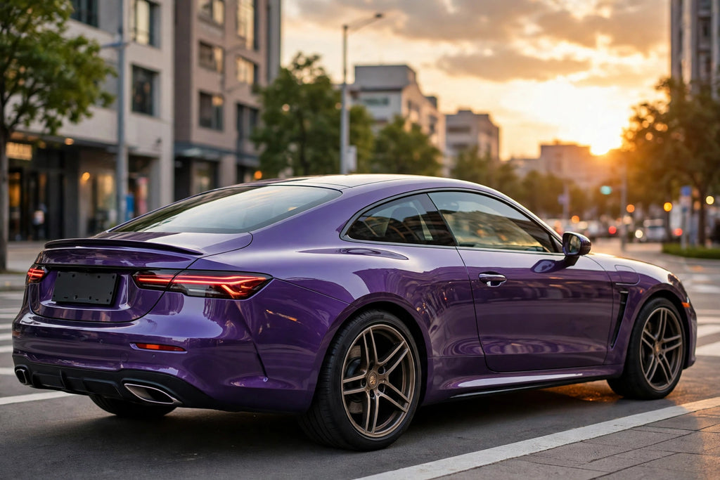 Super Gloss Rosemary Violet PET vinyl wrap film on a car, rear three-quarter view