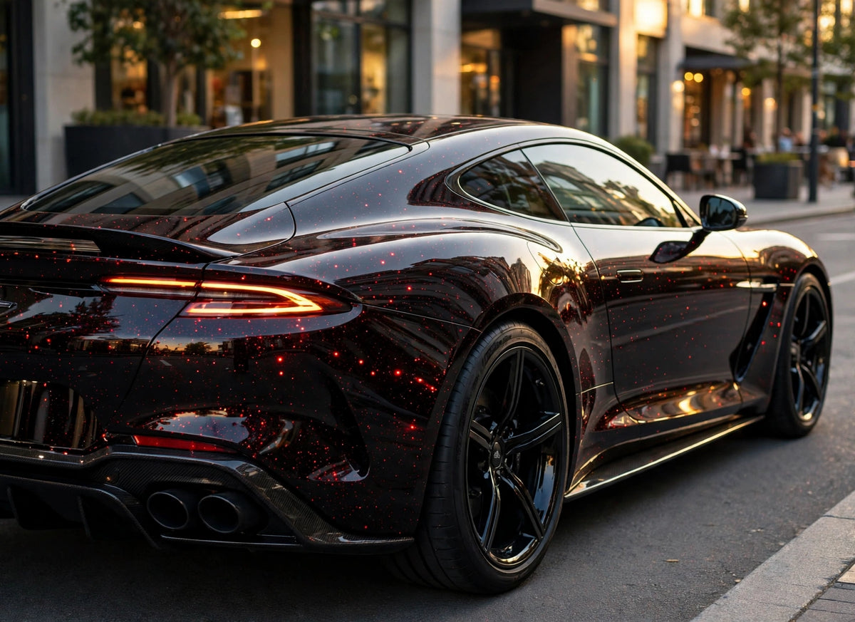 Super Gloss Galaxy Black Red(Fine Dots) () PET vinyl wrap film on a car, rear three-quarter view