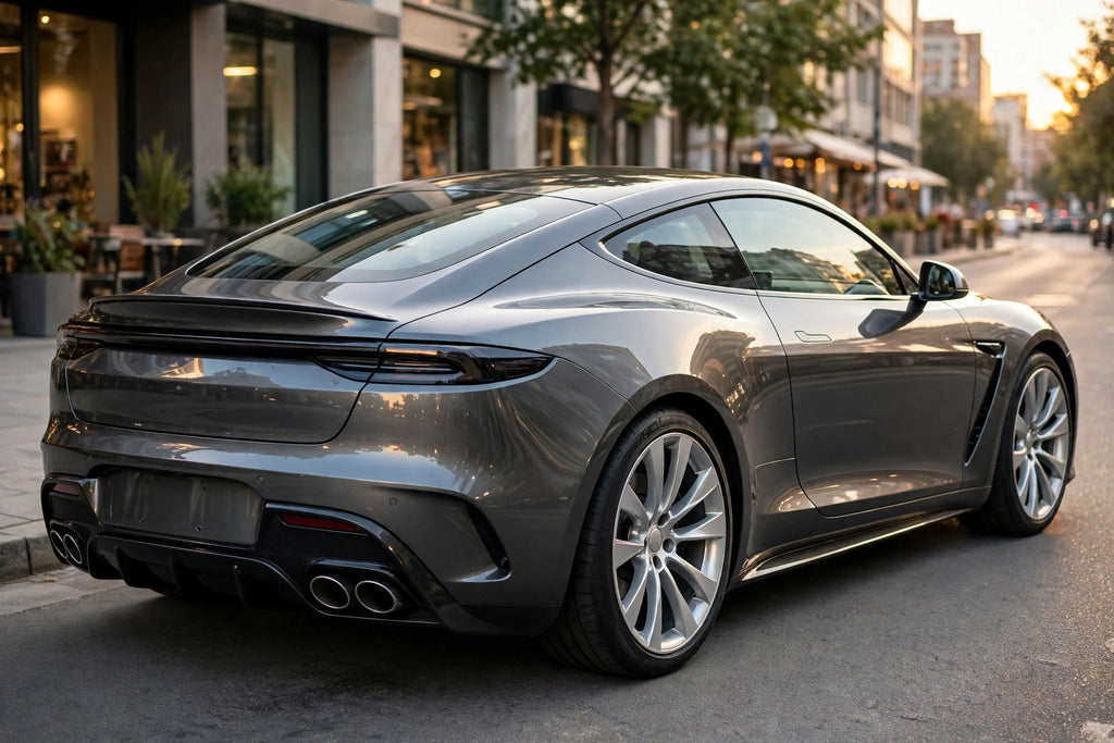 Super Gloss Tungsten Gray Metallic PET vinyl wrap film on a car, rear three-quarter view