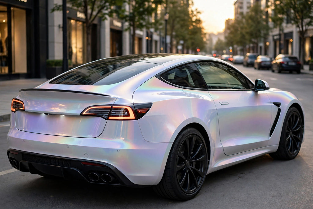 Super Gloss Iridescent Psychedelic White PET vinyl wrap film on a car, rear three-quarter view