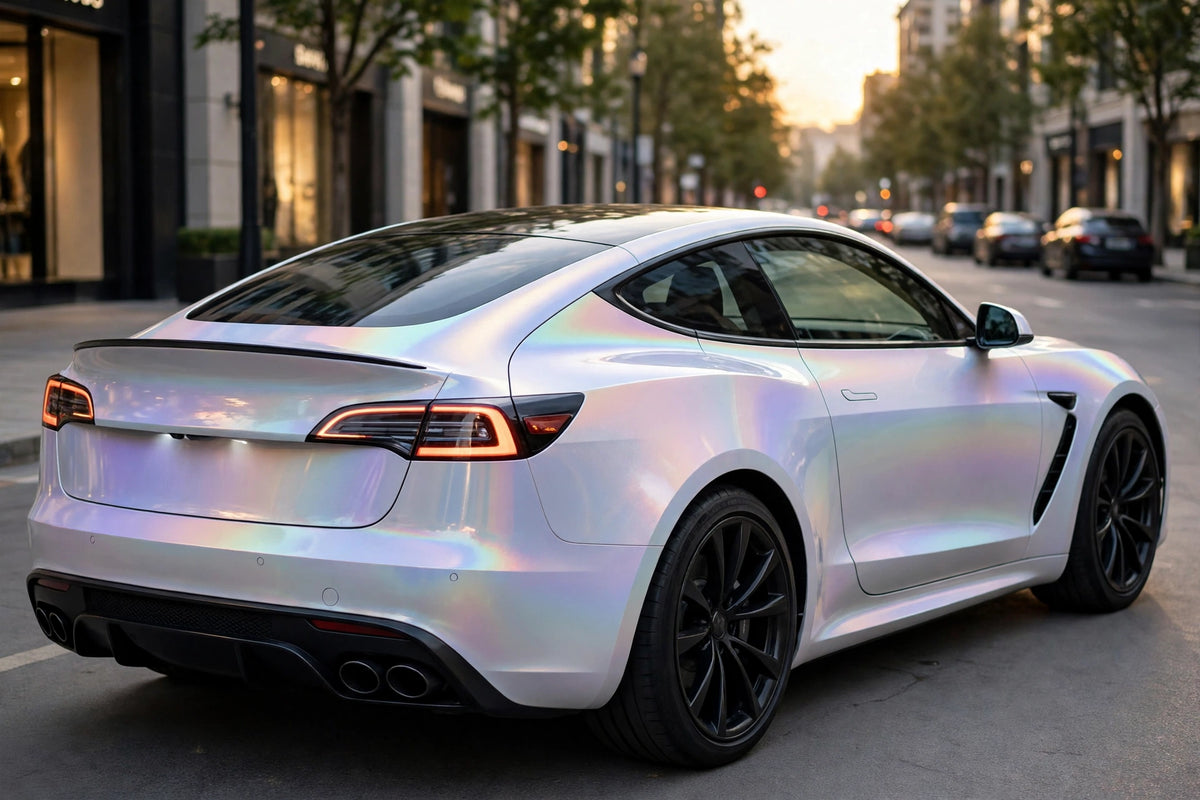 Super Gloss Iridescent Psychedelic White PET vinyl wrap film on a car, rear three-quarter view