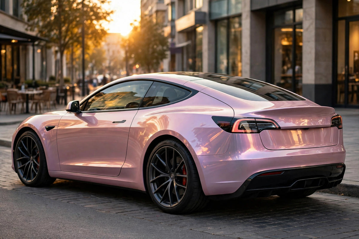 Super Gloss California Sunset PET vinyl wrap film on a car, rear three-quarter view