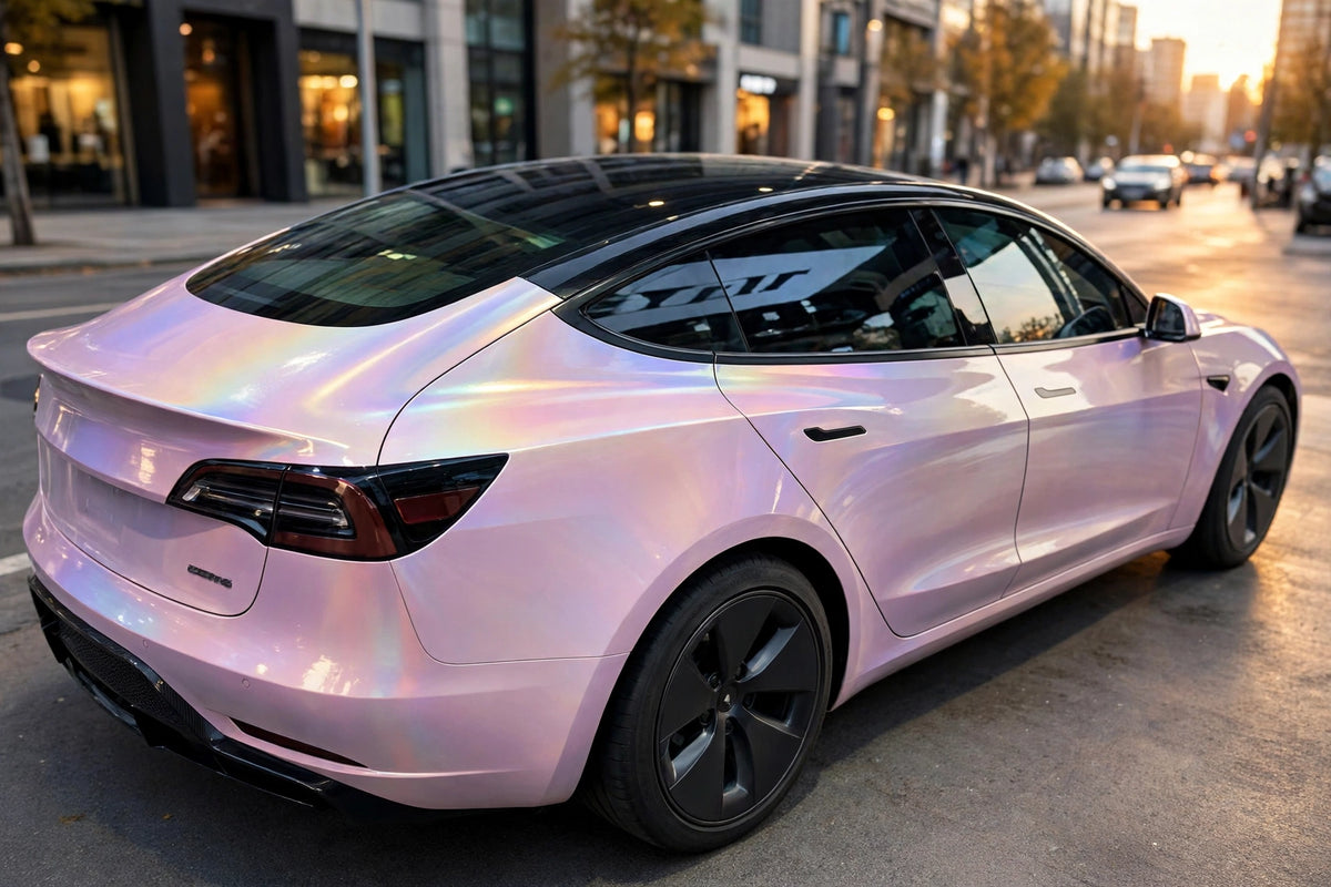 Super Gloss Iridescent Psychedelic Pink PET vinyl wrap film on a car, rear three-quarter view
