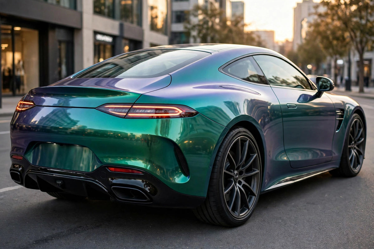 Super Gloss Aurora Green C PET vinyl wrap film on a car, rear three-quarter view