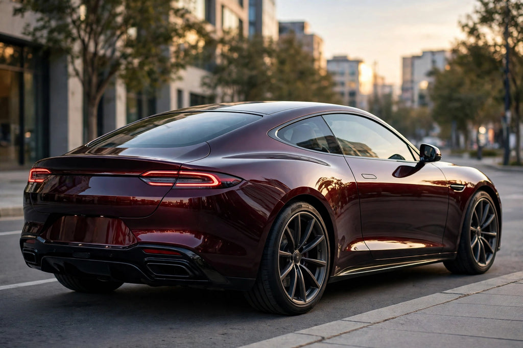 Super Gloss Pearl Black Red PET vinyl wrap film on a car, rear three-quarter view