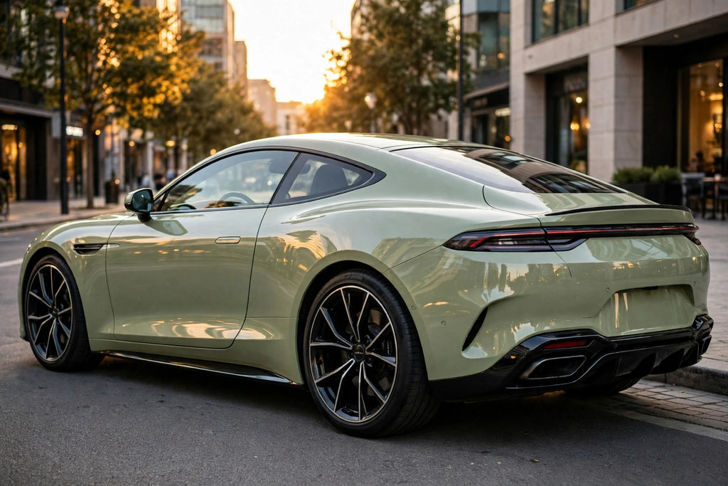 Super Gloss Khaki Green PET vinyl wrap film on a car, rear three-quarter view