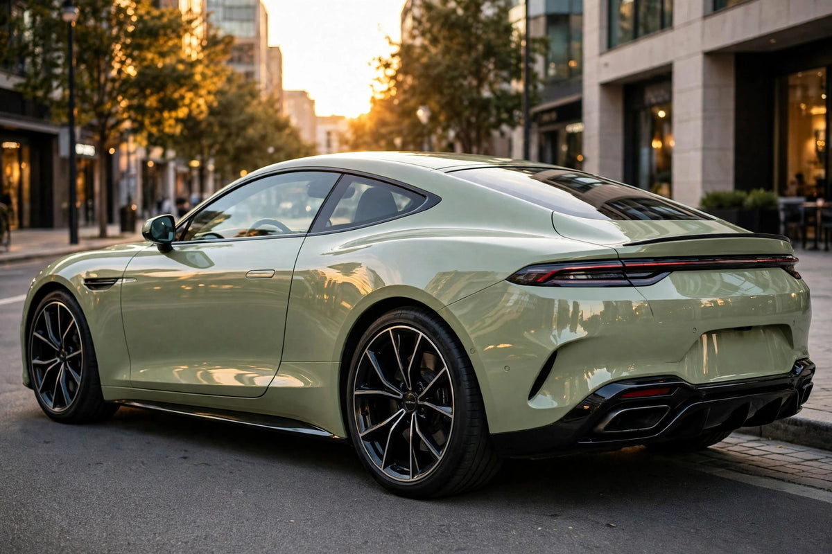 Super Gloss Khaki Green PET vinyl wrap film on a car, rear three-quarter view