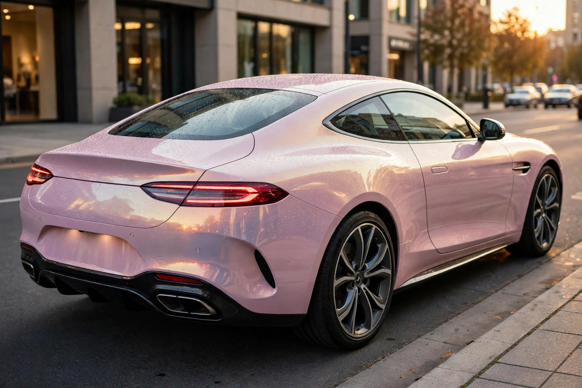 Super Gloss Pink Gold PET vinyl wrap film on a car, rear three-quarter view
