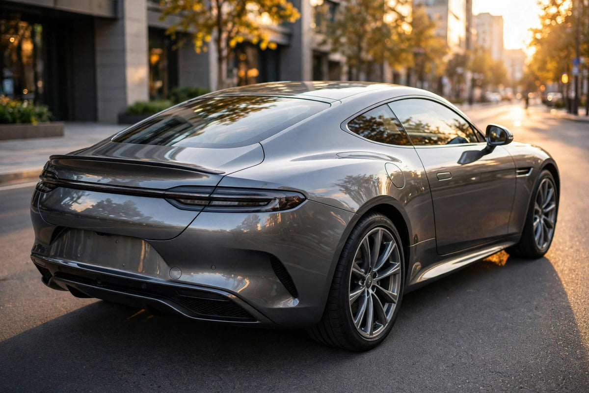 Super Gloss Midnight Gray Metallic PET vinyl wrap film on a car, rear three-quarter view