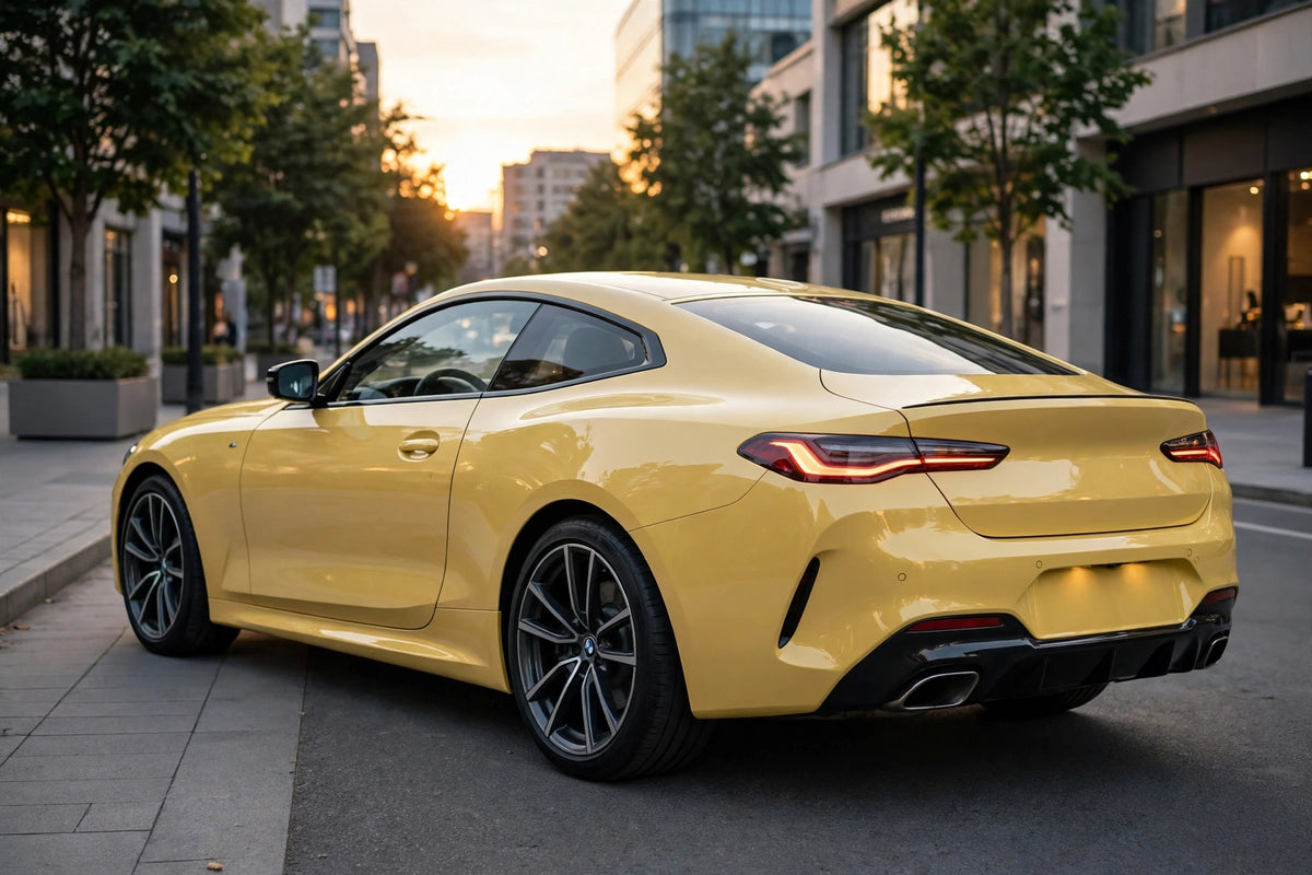 Super Gloss Dune Yellow PET vinyl wrap film on a car, rear three-quarter view
