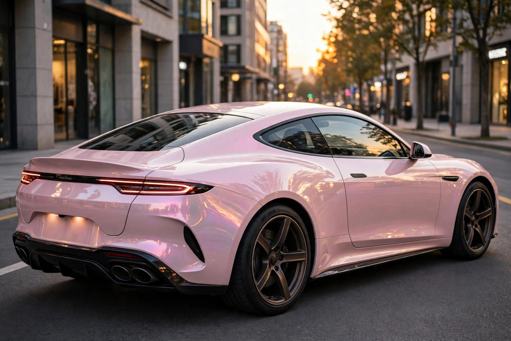 Super Gloss Pearl White Pink PET vinyl wrap film on a car, rear three-quarter view