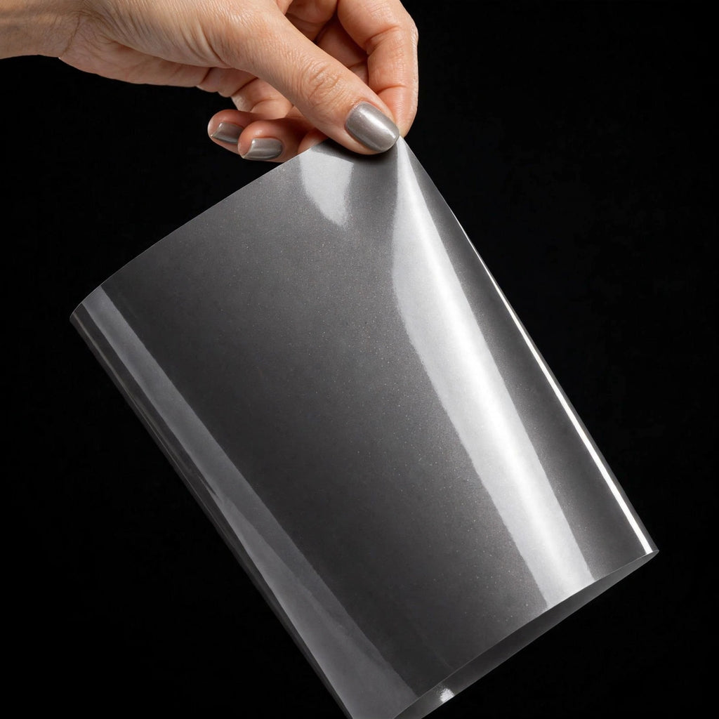 Super Gloss Liquid Combat Gray vinyl wrap film sheet held in hand