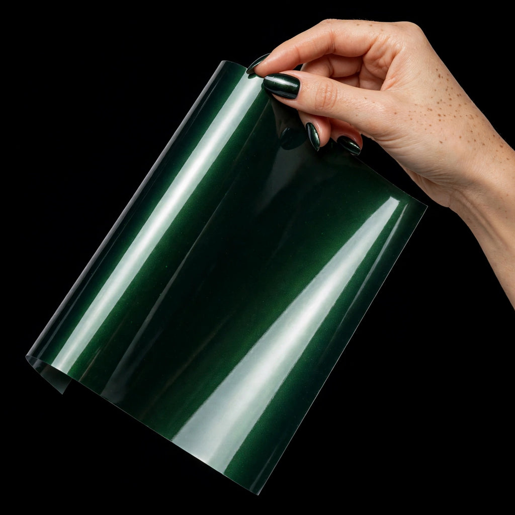 Super Gloss Pearl Black Green vinyl wrap film sheet held in hand
