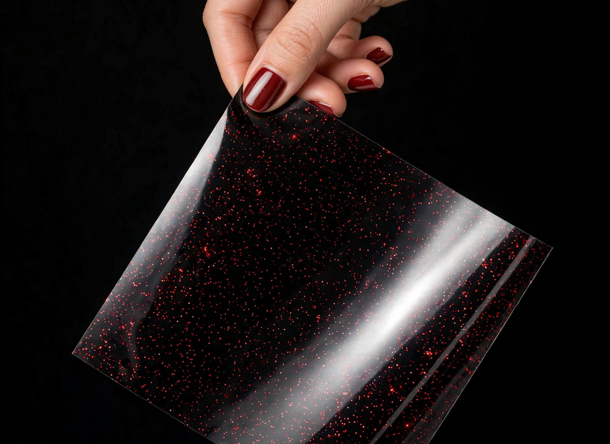Super Gloss Galaxy Black Red(Fine Dots) () vinyl wrap film sheet held in hand