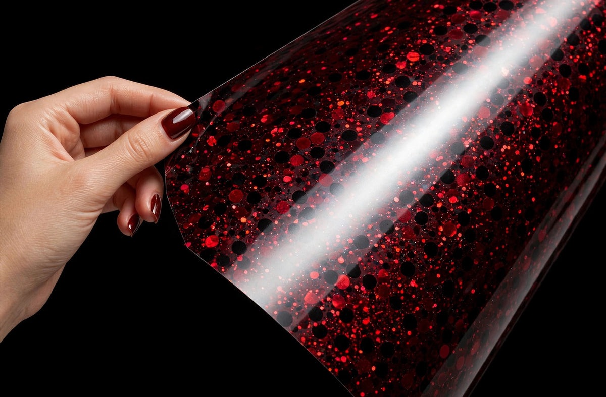 Super Gloss Galaxy Black Red(Thick Dots) () vinyl wrap film sheet held in hand