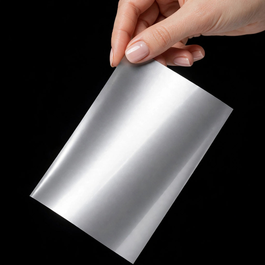 Super Gloss Titanium Silver Metallic vinyl wrap film sheet held in hand