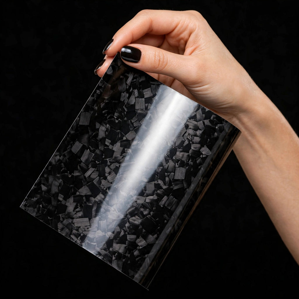 Black Forged Carbon Fiber vinyl wrap film sheet held in hand
