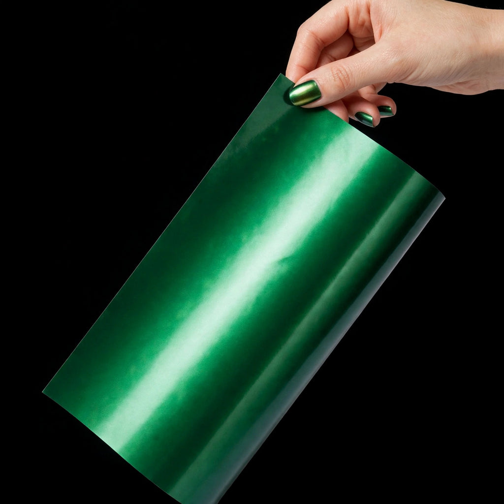 Chrome Venom Green vinyl wrap film sheet held in hand
